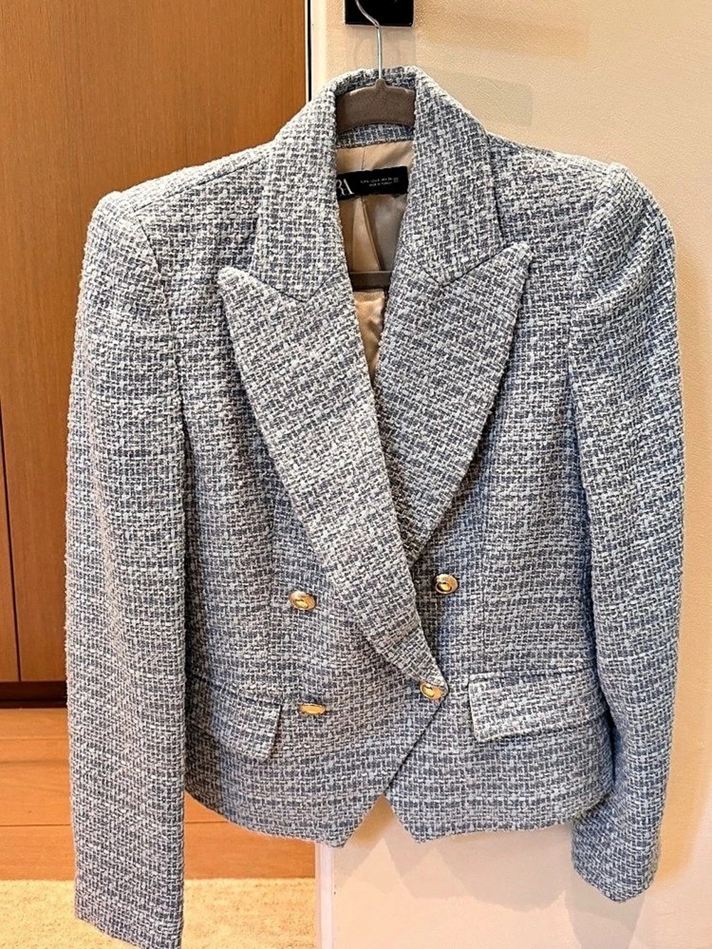 Zara Textured Double-Breasted Tweed Blazer Blue & White